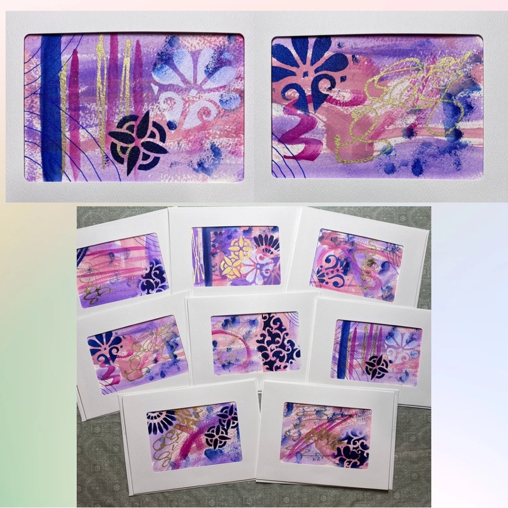 Hand Painted Frameable Colorful Abstract Watercolor Blank Greeting Card Set of 8